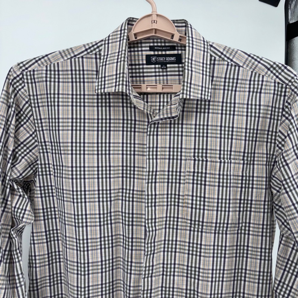 Stacy Adams Mens Regular Fit Plaid Button Down Shirt Grey Tan 17 34/35